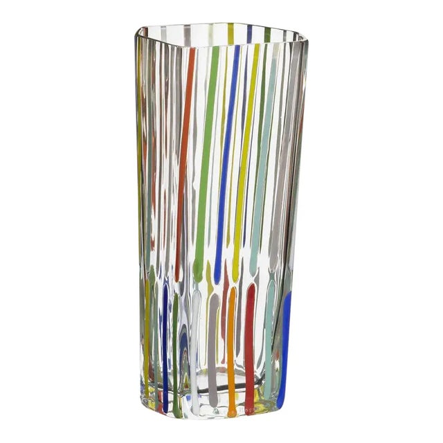 Carlo Moretti Rover contemporary Murano mouth blown glass vase in clear glass with multi-color glass stripes. Part of the...