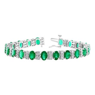 18 carat Natural Emerald & Diamond Cocktail Tennis Bracelet 14 Karat White Gold For Sale