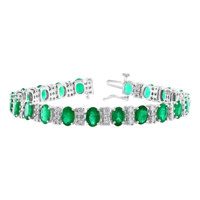 18 carat Natural Emerald & Diamond Cocktail Tennis Bracelet 14 Karat White Gold For Sale