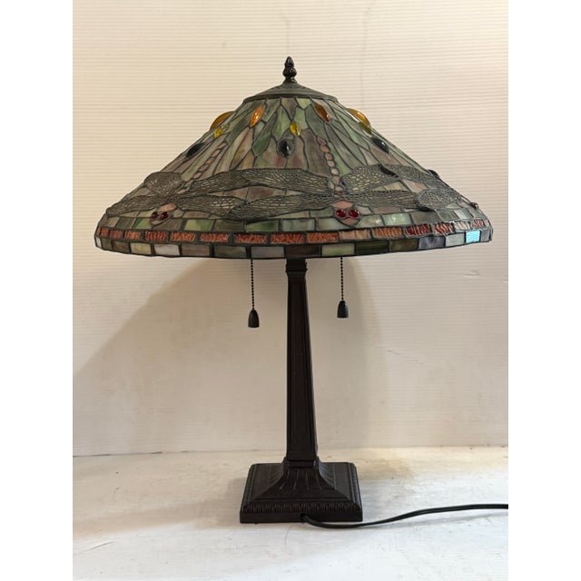Art Nouveau Mid 20th Century Tiffany Style Dragonfly Stained Glass Lamp For Sale - Image 3 of 10