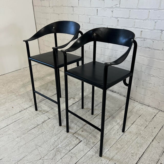 Post modern black leather barstools by Cy Mann