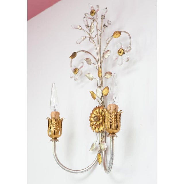 Italian Wall Light in Silver and Gold Metal with Flowers, 1980s For Sale - Image 3 of 9