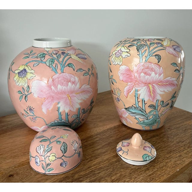 Ceramic 1980s Palm Beach Peach Floral Ginger Jar-Set of 2 For Sale - Image 7 of 11