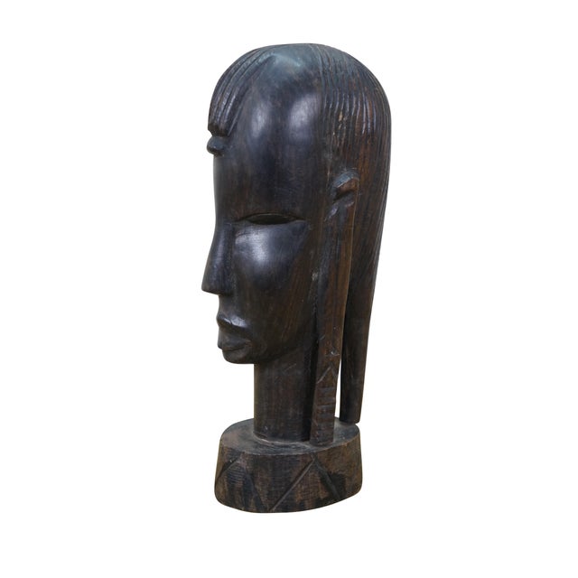 Vintage 20th century hand carved Blackwood statue sculpture - African folk art style warrior face with elongated features,...
