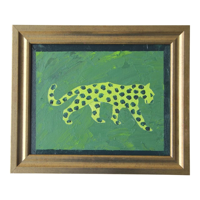 Leopard Spotted Folk Art Minimalism Abstract Green Original Oil Painting Cleo Plowden For Sale