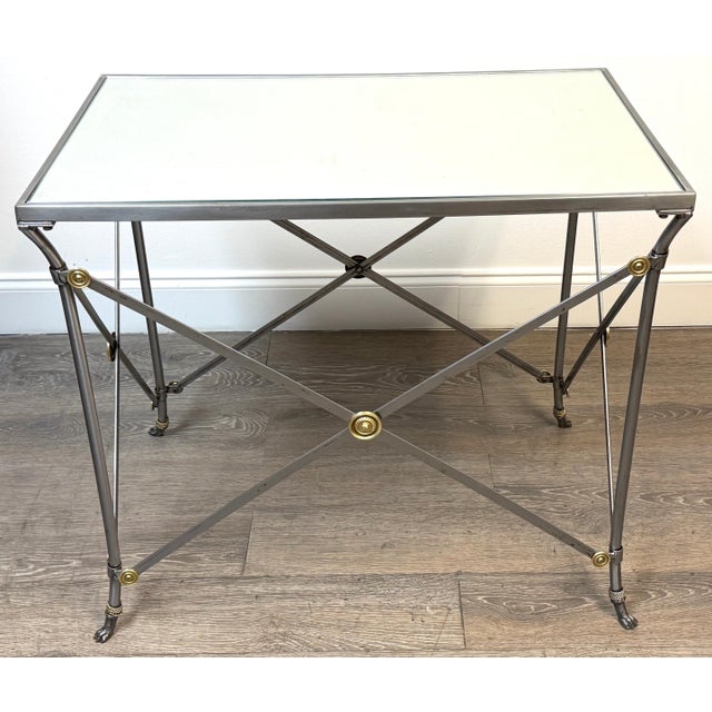 Maison Jansen Style French Neoclassical Steel & Brass Mirrored Gueridon Table Maison Jansen Style French Neoclassical...