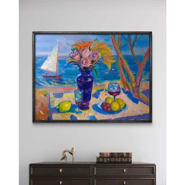 Impressionist Oil Painting Still Life Against the Background of the Sea Peter Dobrev For Sale - Image 3 of 8