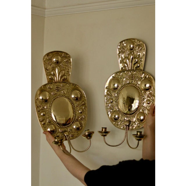 Large Mid-Century Swedish Baroque Style Brass Sconces, Set of 2 For Sale - Image 12 of 18