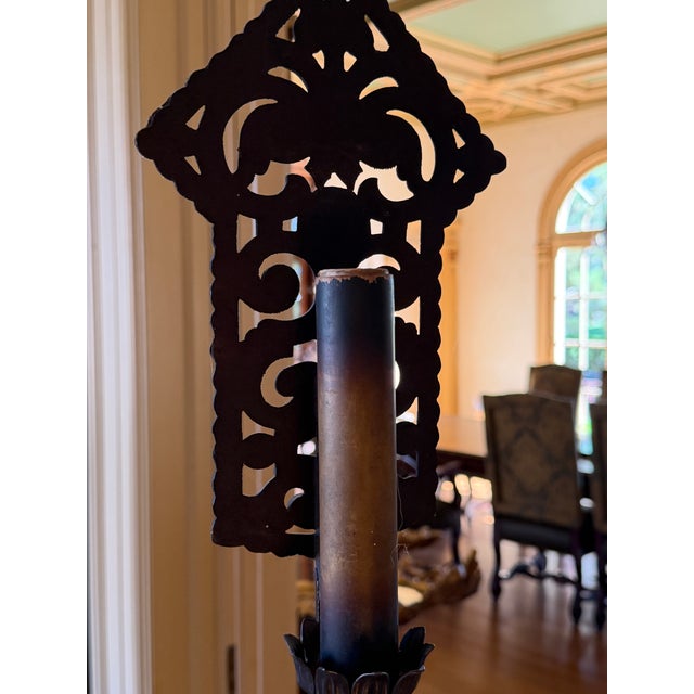 Bronze Gothic Spanish Revival Torchieres Attributed to Oscar Bach For Sale - Image 8 of 10