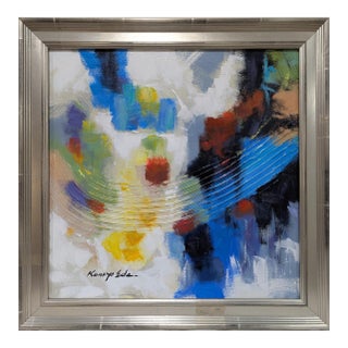 Square Multi Colored Blue White Textured Framed Abstract Art on Canvas. For Sale