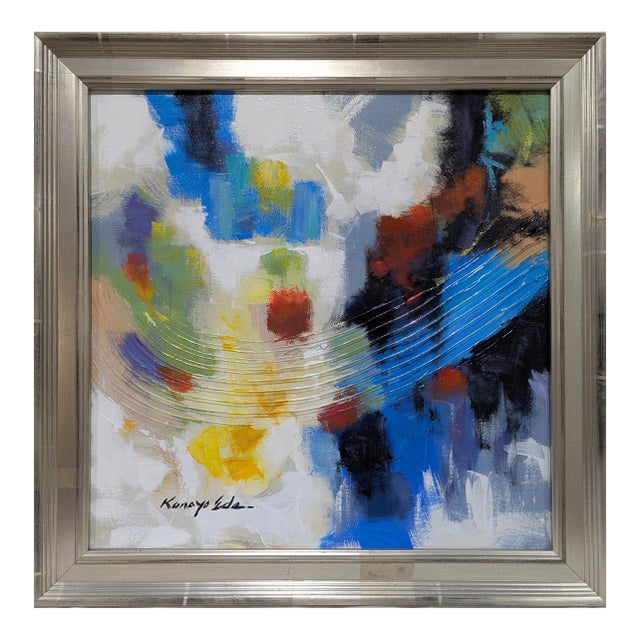 Square Multi Colored Blue White Textured Framed Abstract Art on Canvas. For Sale