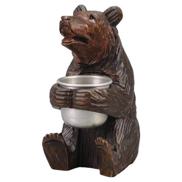 Hand-Carved Black Forest Bear with Aluminum Pot, 1920s For Sale