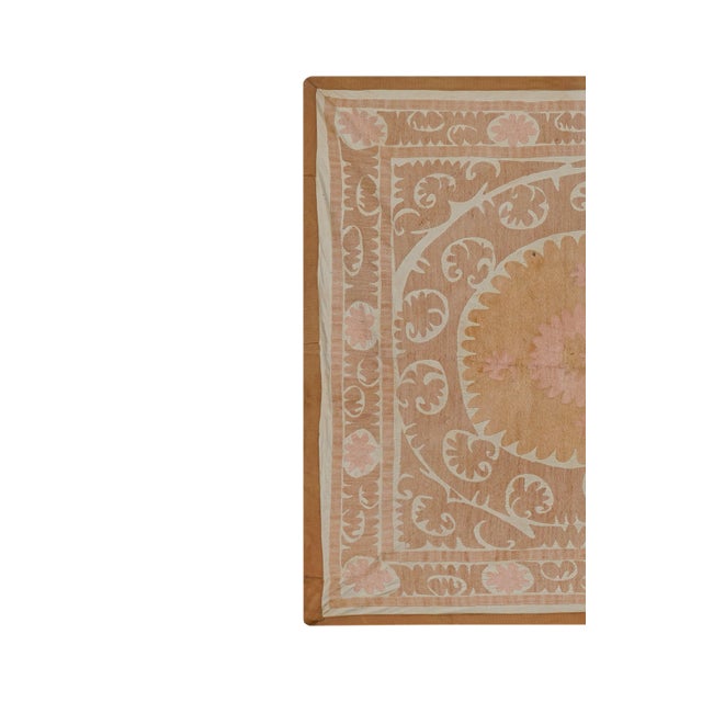 Mid-Century Modern Suzani Tapestry - Faded Uzbek Table Cloth - Tribal Embroidery Wall Decor 4'5'' X 4'6'' For Sale - Image 3 of 13