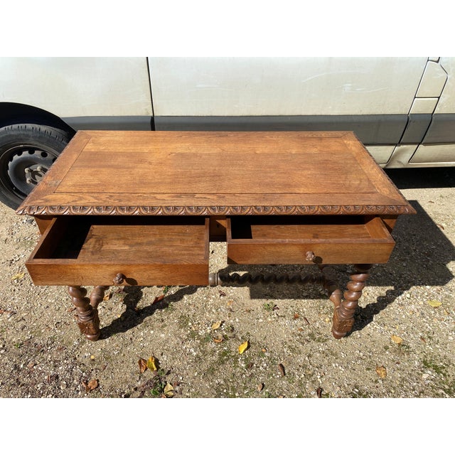 Rustic Louis XIII Style Oak 2-Drawer Desk with Twisted Legs For Sale - Image 3 of 18