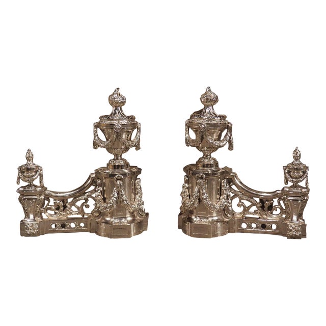 Pair of French Louis XVI Style Silvered Bronze Chenets, C. 1900 For Sale