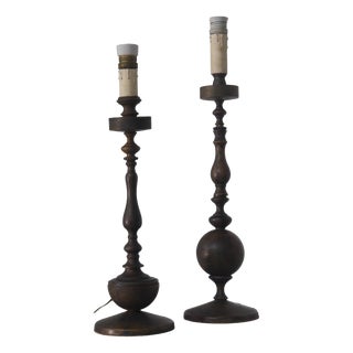 Vintage Art Deco Italian Bronze Candlesticks Table Lamps, 1930, Set of 2 For Sale