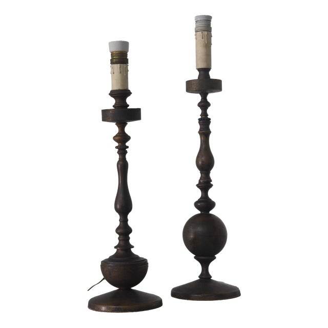 Vintage Art Deco Italian Bronze Candlesticks Table Lamps, 1930, Set of 2 For Sale