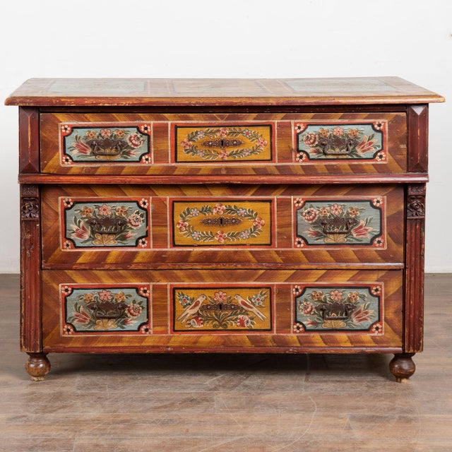 Folk Art 19th Century Original Hand Painted Large Pine Chest of Three Drawers From Hungary For Sale - Image 3 of 16