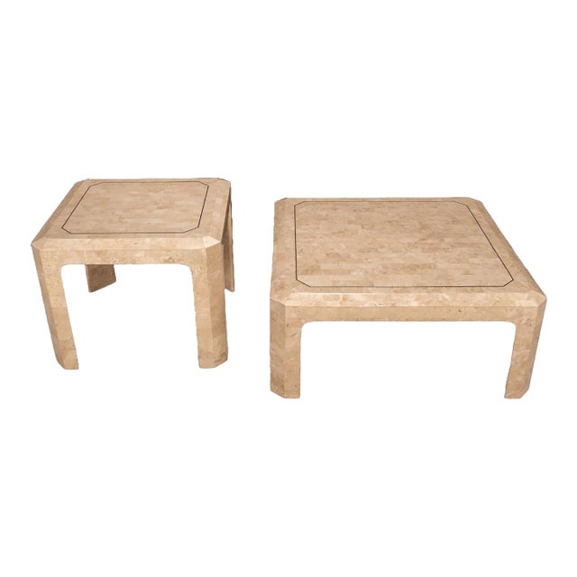1970s Maitland Smith Tessellated Stone Travertine Coffee & Side Table With Brass Inlay - Set of 2 For Sale