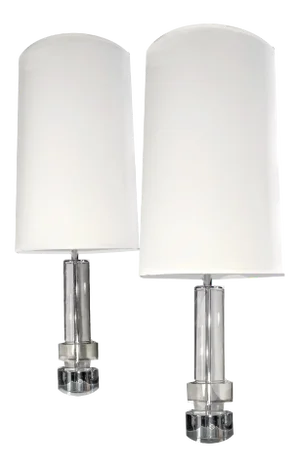 Postmodern Glass & Chrome Column Table Lamps With White Jumbo Drum Lampshades- a Pair