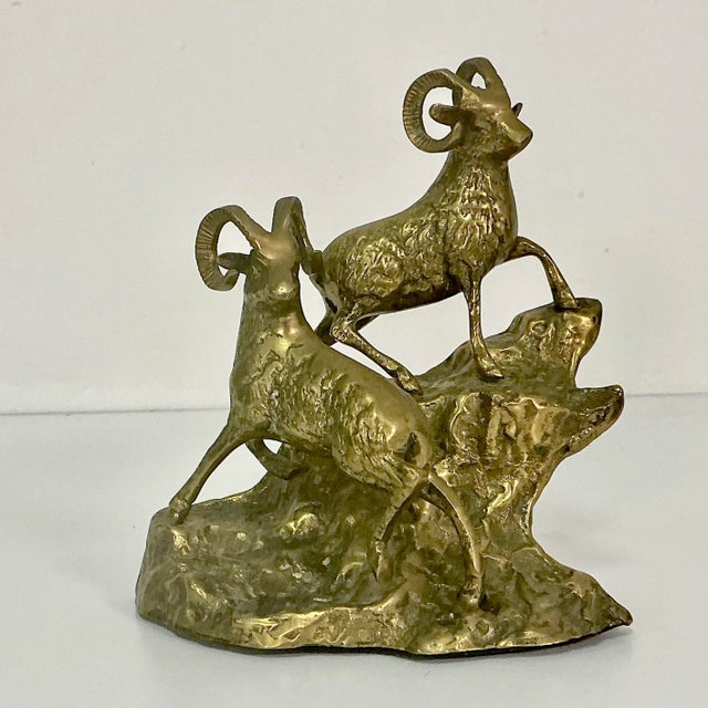 1970s Mid-Century Rustic Arts & Crafts Big Horn Sheep Brass Sculpture For Sale - Image 4 of 11