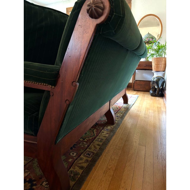 1990s Ralph Lauren American Oversized Velvet Green Upholstered Sofa With Scroll Wood Arms For Sale - Image 9 of 12