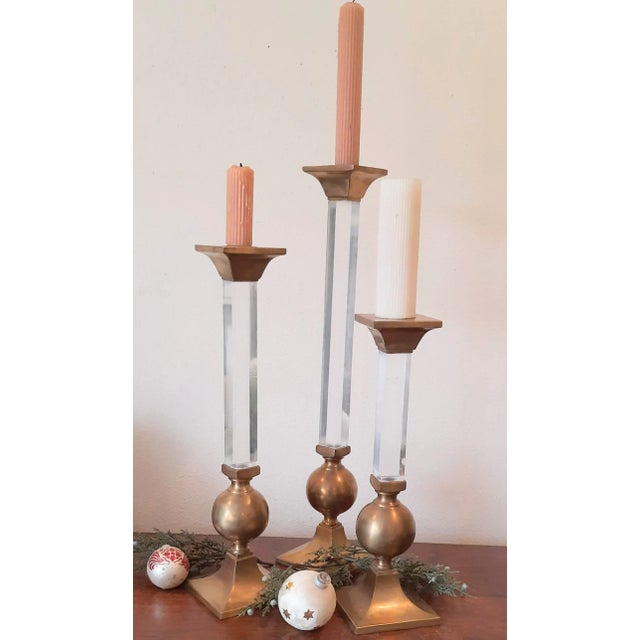 Vintage Xl Brass and Lucite Candlesticks Set 3 Candle Holders For Sale - Image 10 of 13