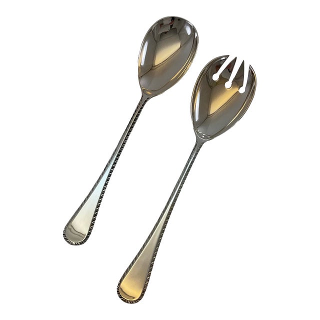 1980s Silver Pair Salad Servers, Salad Spoon & Salad Fork, Feather Edge For Sale
