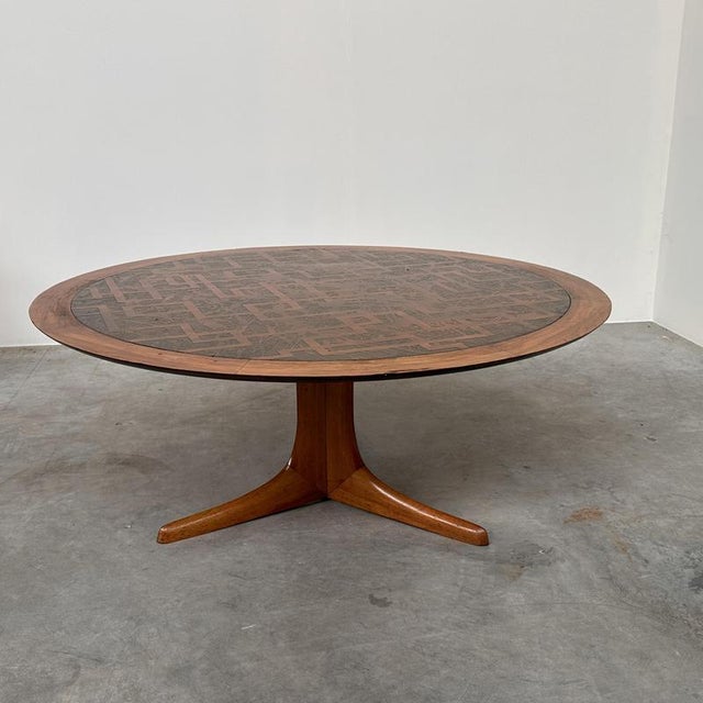 Vintage Wood Coffee Table with Etched Brass Top, 1970s For Sale - Image 11 of 14