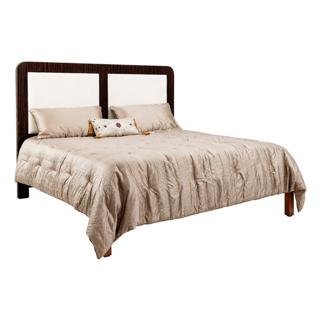 Italian King Bed With Makassar Ebony Veneers and Upholstered Headboard For Sale