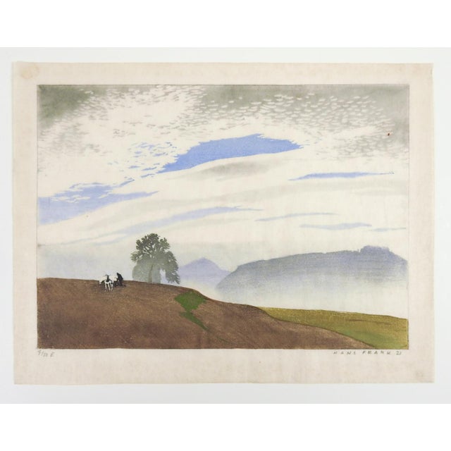 1920s 1921 Hans Frank Color Woodcut Farmer in Hillside Landscape For Sale - Image 5 of 6