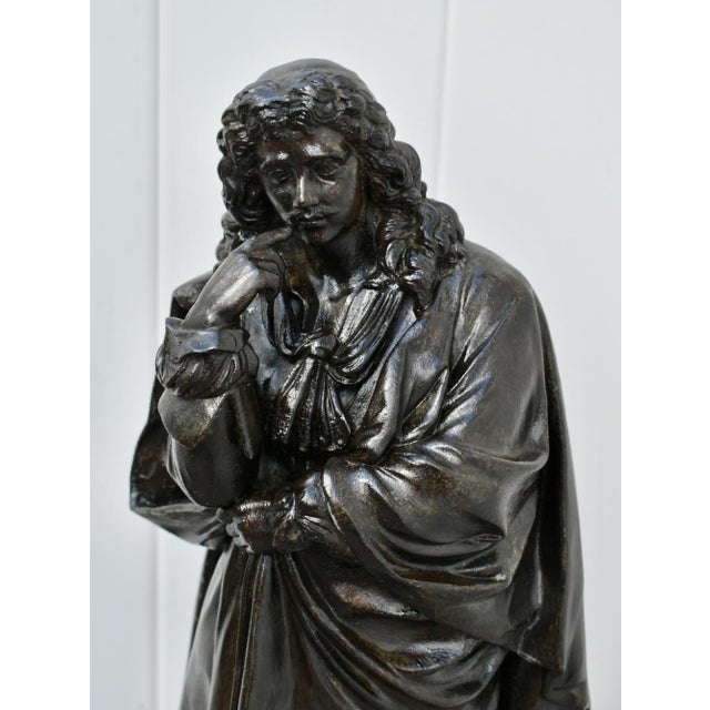 Antique Spelter Figure of European Renaissance Scholar on Wooden Base For Sale - Image 4 of 13