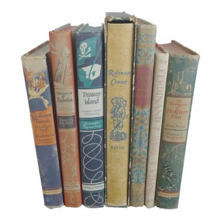 Vintage Decorative Classic Children's Books Adventures of Robinson Crusoe, Pinocchio, Huckleberry Finn & More Set of 7 For Sale