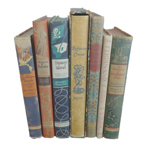 Vintage Decorative Classic Children's Books Adventures of Robinson Crusoe, Pinocchio, Huckleberry Finn & More Set of 7