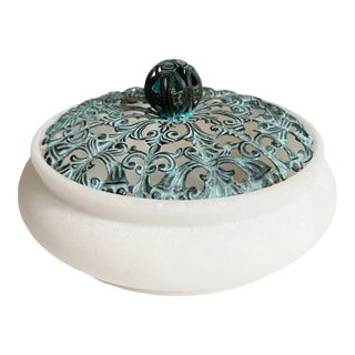 Vintage Alabaster Copper Filigree Trinket Jar For Sale