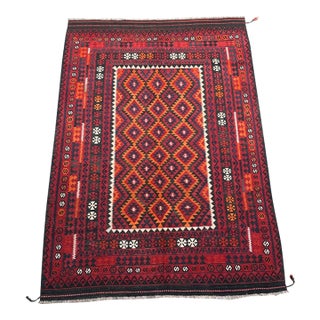 Vintage Afghan Flat Weave Kilim Rug, 7x10'4 Ft, Handmade Tribal Turkmen Wool Rug, Geometric Carpet For Sale