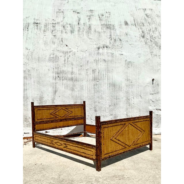 Vintage Boho Tortoise Rattan Queen Bed For Sale - Image 4 of 11
