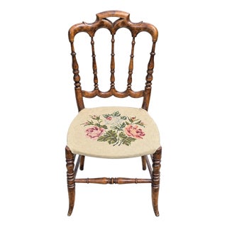 Antique Victorian Needlepoint Floral Hall Chair | Carved Walnut Spindle Back Accent Chair For Sale