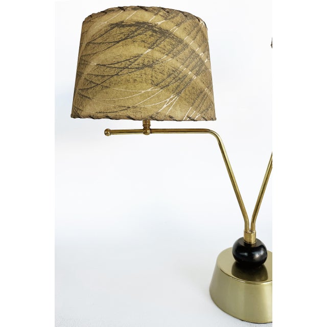 1950s Mid-century Atomic 2-Arm Lamp, Fiberglass Shades 1950s Mid-Century Modern Atomic double arm table lamp with brass...