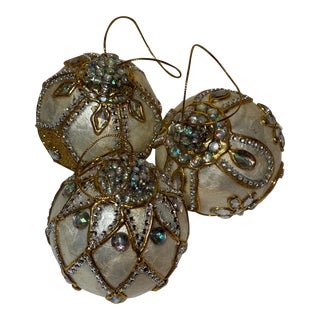Set of 3 Iridescent Faux Gem Encrusted Ivory & Gold Capiz Shell Holiday Ornaments For Sale