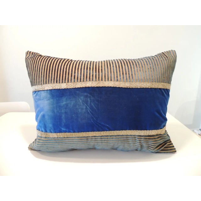 -Vintage Royal Blue and Gold Silk Velvet Decorative Bolster Pillow Stripe velvet frame and solid antique royal blue silk...