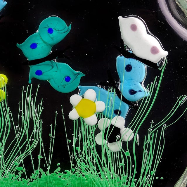 Glass Murano Flying Butterfly Colorful Wild Flower Garden Scene Vintage Italian Art Glass Block Sculpture For Sale - Image 7 of 10