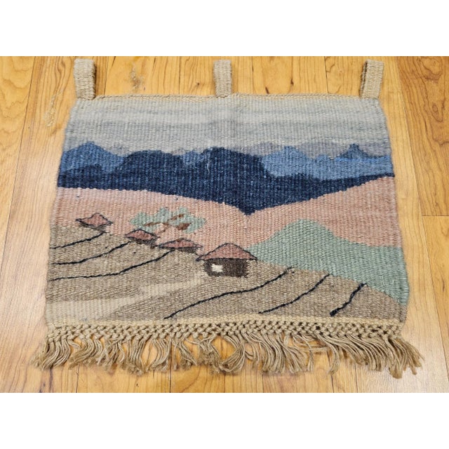 African Vintage Hand Woven African Tapestry Depicting Village and Mountain Landscape For Sale - Image 3 of 9