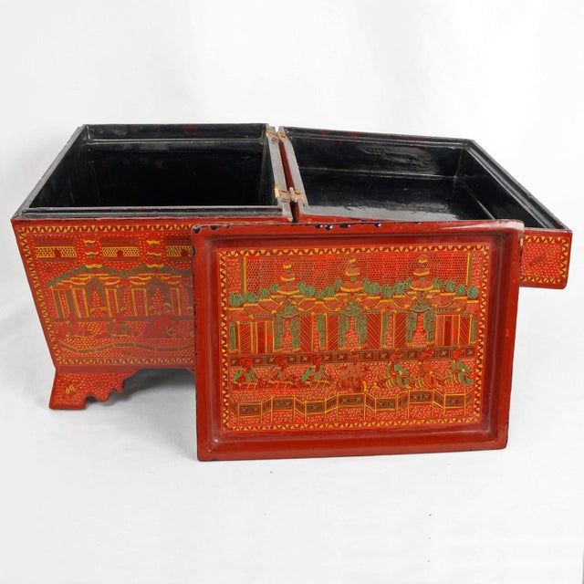 Red Large Vintage Thai/Burmese Lacquer Hand Painted Box With Lid and Inner Tray For Sale - Image 8 of 14