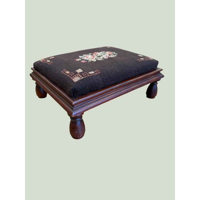 Antique Victorian Embroidered Mahogany Footstool For Sale - Image 10 of 10