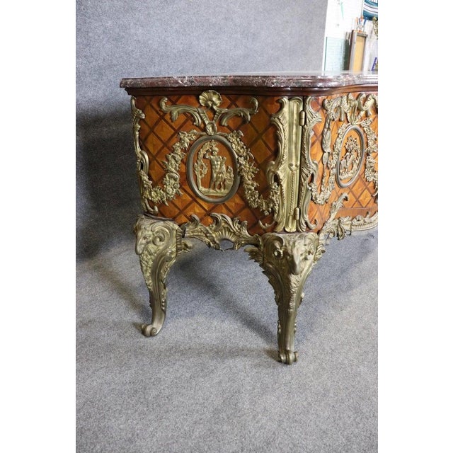 Monumental Grand Inlaid Bronze Mounted French Louis XV Style Marble Top Commode For Sale - Image 9 of 9