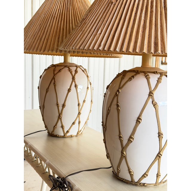 Vintage Hollywood Regency Boho Faux Bamboo “Icing” Ceramic Table Lamps With Raffia Shades - A Pair For Sale - Image 4 of 12