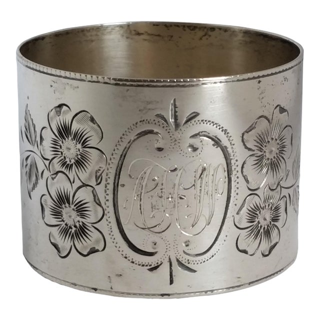 Antique Sterling Silver Hand-Engraved Napkin Ring – Floral Motif & Ahw Monogram For Sale