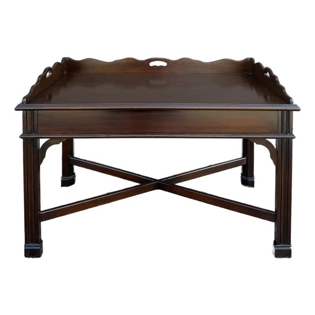 Vintage Chippendale Mahogany Butler's Tray Coffee Table With Scalloped Gallery For Sale