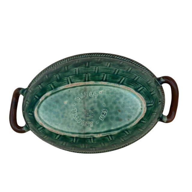 1930s Tellurite Green Mushroom Majolica Lidded Casserole Dish With Basket Weave For Sale - Image 11 of 14